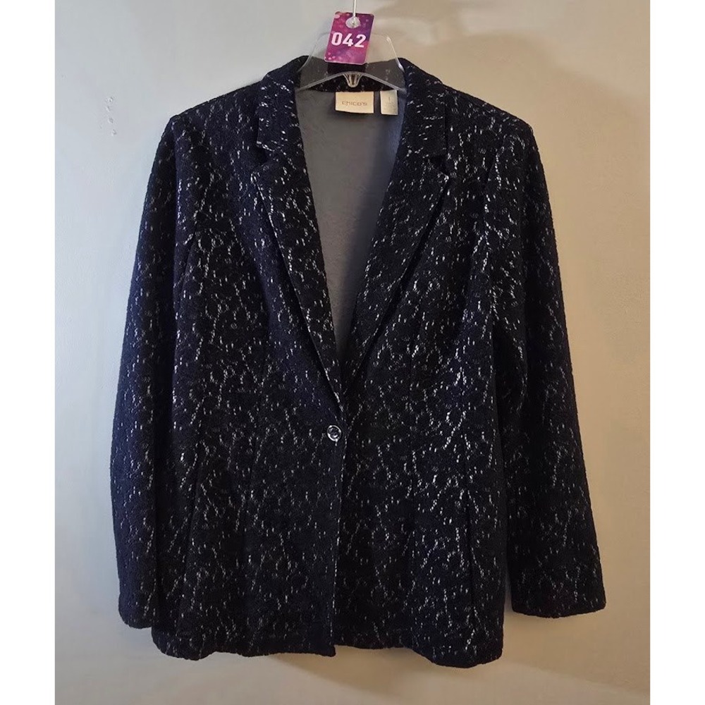 Chico's Womens Ponte Knit Lace Overlay Blazer Navy Blue Single Button Lined 1 M
